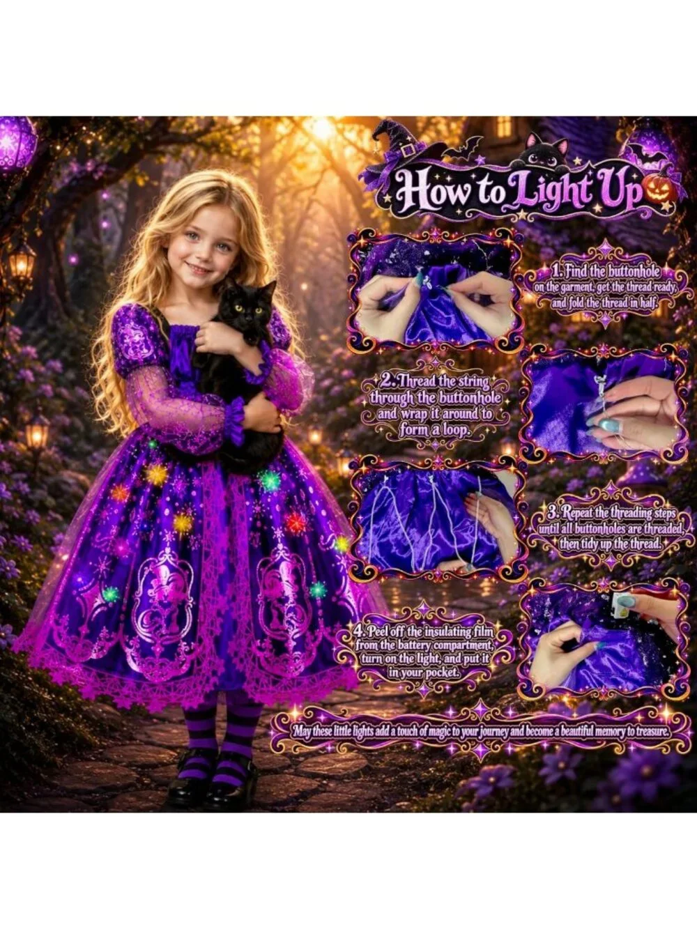 Light Up Witch Costume for Girls, Spooky Halloween Outfit for Kids 3-10